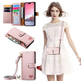 Love Heart Zipper Lanyard Leather Wallet Case for iPhone