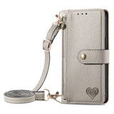 Love Heart Zipper Lanyard Leather Wallet Case for iPhone